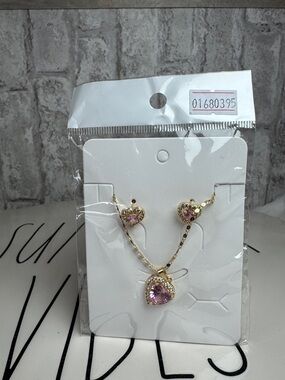 Gold Heart Necklace and Earring Set with Pink Stones